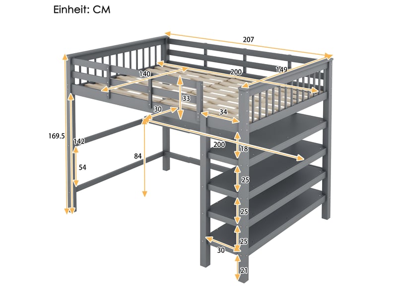  Lit mezzanine enfant 140x200 cm avec bureau et étagères coloris gris  - Conforama C