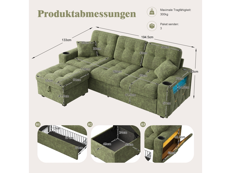  Canapé d'angle 3 places 194,5 x 133 x 83 cm, pouf coffre mobile, 2 tiroirs, ports usb-c, porte-gobelets, éclairage led, chenille, vert Morn Vibe - Conforama C