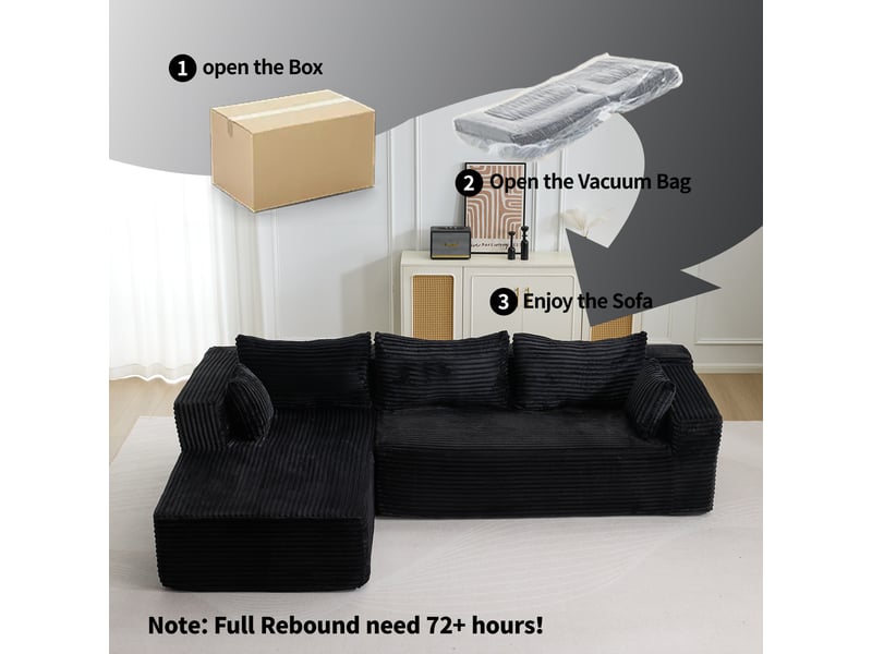  Canapé d’angle corda, noir, modulable, chaise longue, assise profonde, sans structure, velours côtelé  - Conforama D