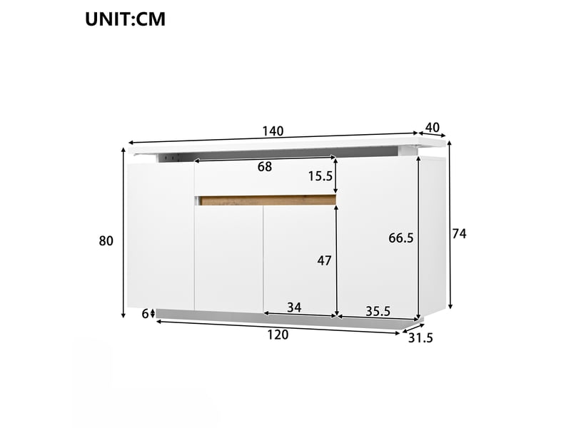 Buffet, avec 4 portes, 1 tiroir, 2 étagères réglables et led, pour salon ou cuisine, blanc, 140 × 40 × 80 cm  - Conforama E