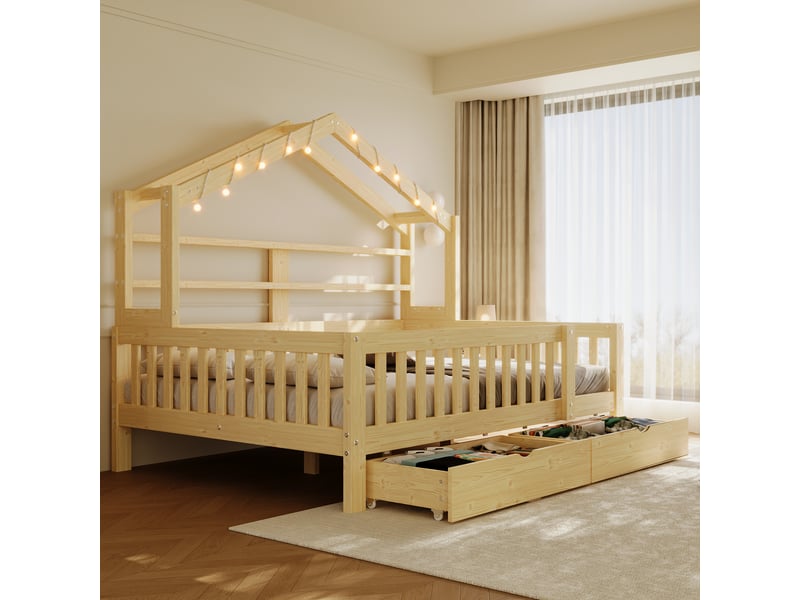  Lit cabane enfant 140x200 cm, lit au sol, tiroirs de rangement, barrière de sécurité, éclairage led, support à lattes stable, pin naturel OPULERANE TRADING LTD - Conforama D