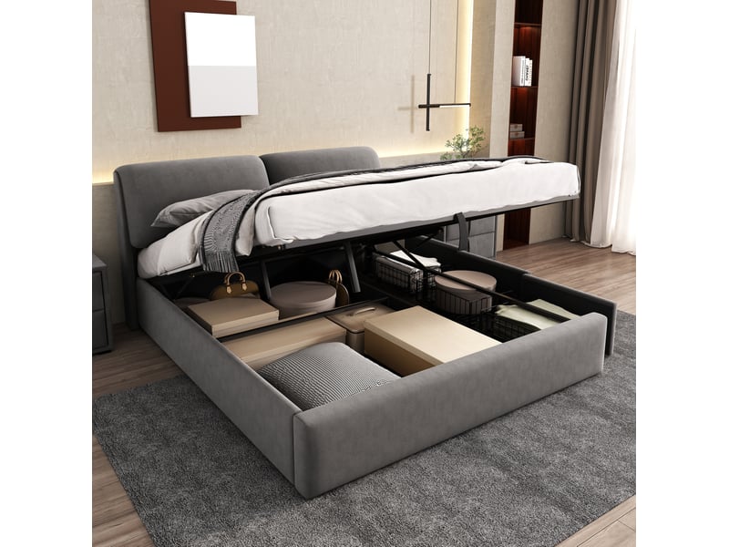 Lit 180 x 200 cm en velours gris avec coffre et 3 tiroirs - Conforama D