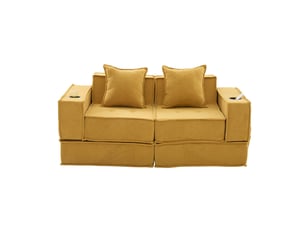 Canapé-lit double 2 places, tissu moderne, 2 coussins, pouf avec rangement, porte-gobelets, multifonctionnel