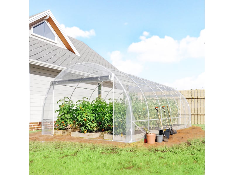 Serre tunnel 6 x 3 x 2 m avec 2 portes enroulables, structure en acier galvanisé, bâche transparente anti-uv en polyéthylène. - Conforama C