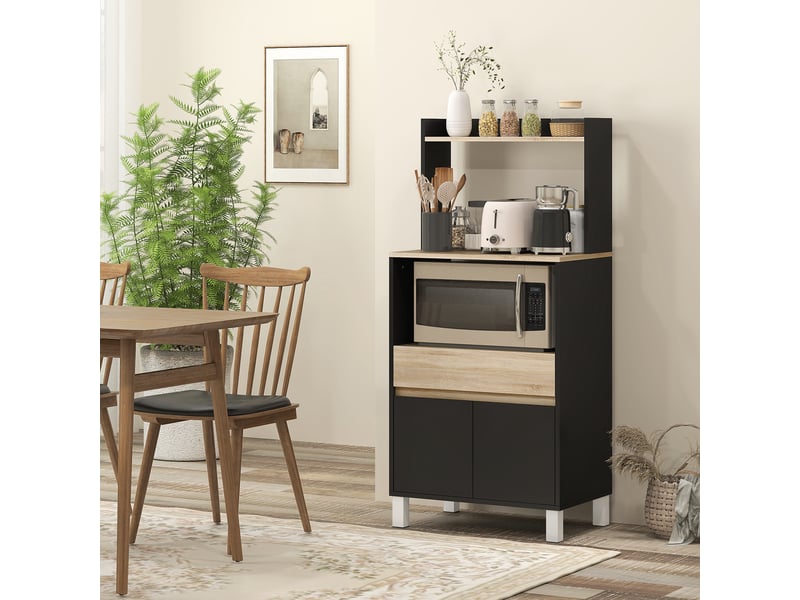  Meuble micro-ondes, buffet de cuisine avec placard, tiroir et étagère, 60 x 40 x 131 cm, chêne et noir  - Conforama C