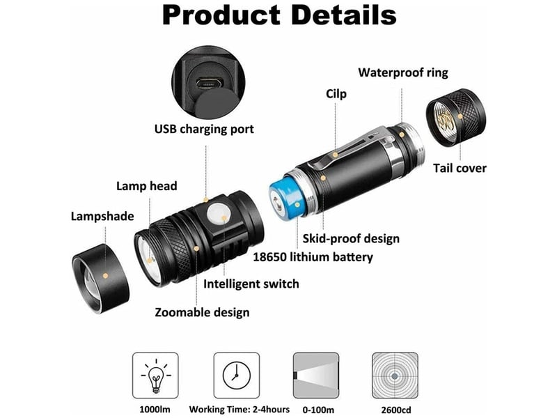  Lampe torche, lampe de poche 1000lumens lampe torche led rechargeable usb, 4 modes eclairage, ipx4 étanche, lampe de poche zoomable pour camping, rand  - Conforama C