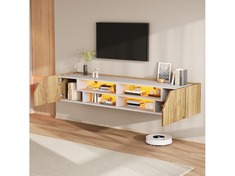  Meuble tv mural 180x36.5x40 cm avec led rgb bluetooth, blanc et aspect bois  - Conforama B