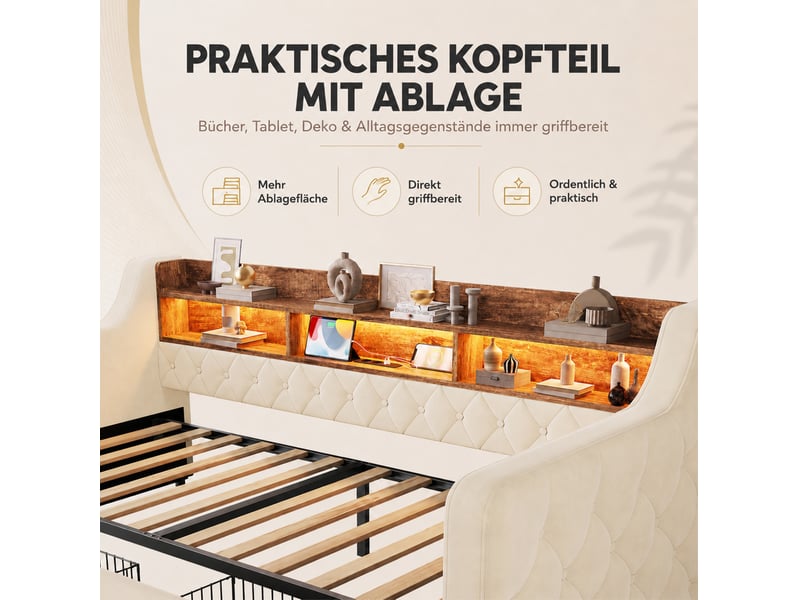 Lit une place 90x190 cm en velours beige avec led, usb, type-c, rangement et 2 tiroirs, sans matelas - Conforama D