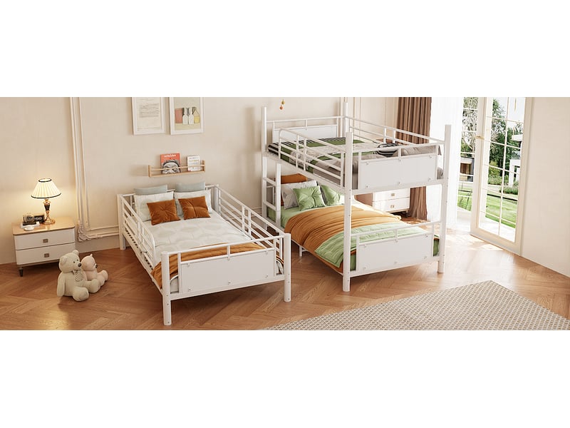  Lit superposé enfant 3 places 90×200 cm, 2 échelles et structure modulable - okmyhome- métal blanc, sans matelas  - Conforama E