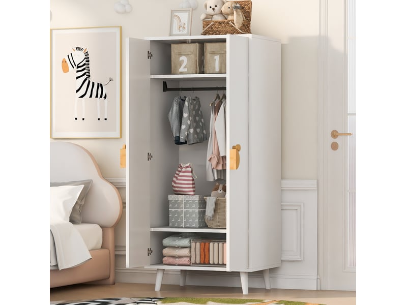 Armoire 2 portes avec penderie et rangement inférieur, poignées fantaisie, en mdf blanc, 70 × 55 × 170 cm - Conforama B