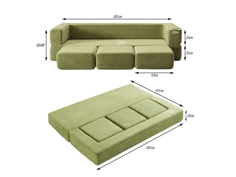  Canapé modulable chenille vert 201x75cm - canapé lit multifonction avec housse amovible pour studio et bureau  - Conforama C