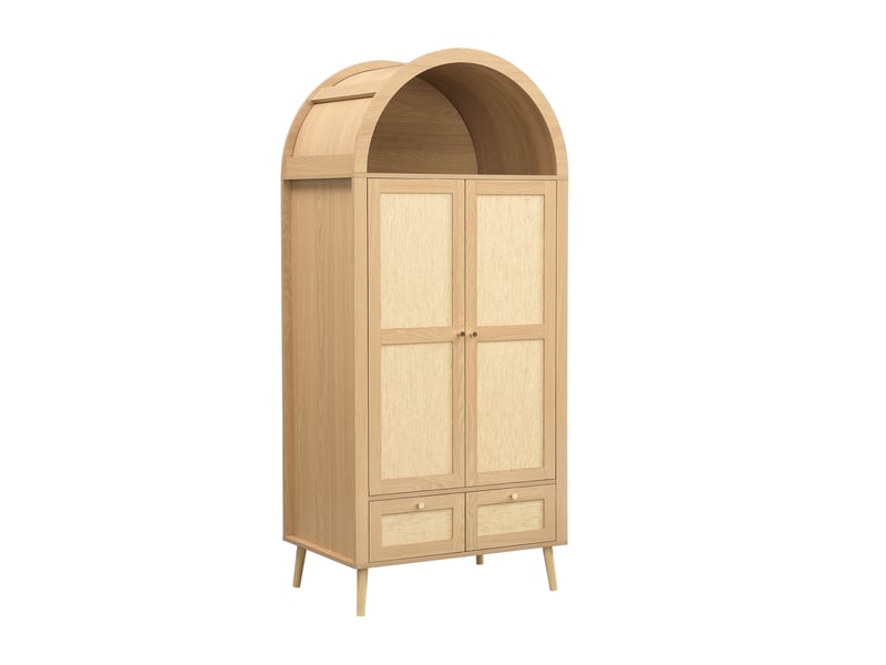 Armoire penderie hauteur 180 cm - 2 portes - 1 barre de penderie - 2 tiroirs - façades effet rotin - design arqué - mdf - chêne - Conforama A