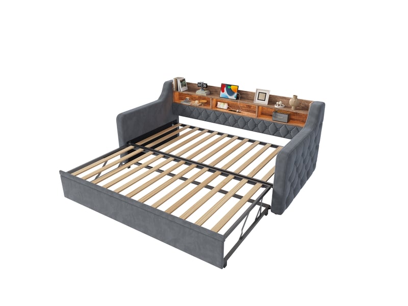  Lit gigogne 90x190 cm avec éclairage led et ports usb et type c en velours gris foncé  - Conforama A