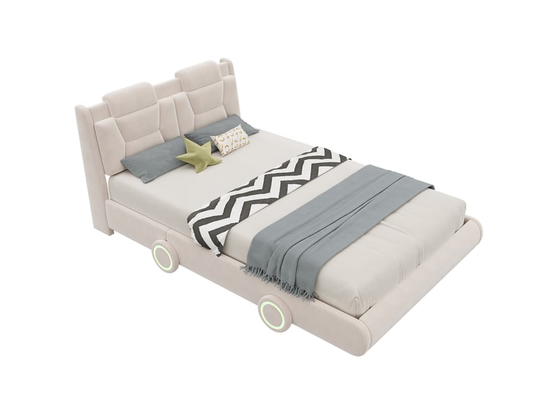  Lit voiture enfant 140x200 cm avec tête de lit réglable sur 2 hauteurs et dossier épais, lit rembourré avec roues lumineuses, flanelle, blanc crème Seren Glow - Conforama A