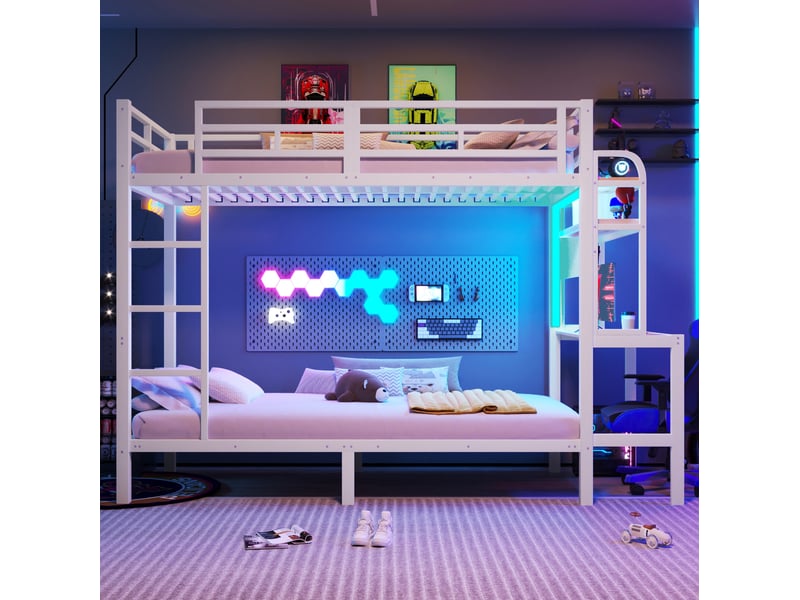  Lit superposé enfant 90 x 200 cm avec bureau, led, usb, métal et mdf, blanc  - Conforama E