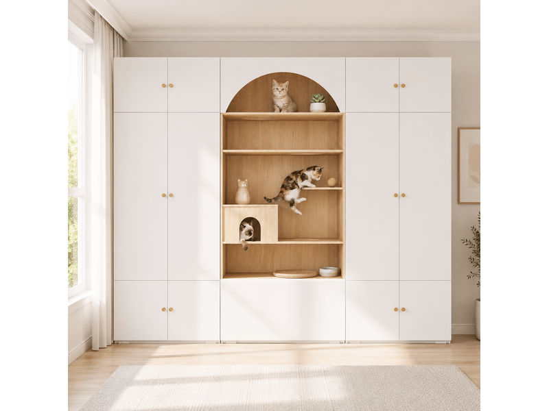  Armoire avec penderie et 12 compartiments espace pour félins chambre salon entrée blanc bois 270 × 50 × 200 cm  - Conforama E