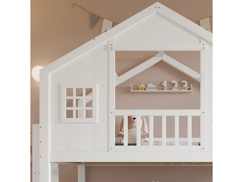 Lit superposé toboggan enfant lit cabane bois massif avec toit et fenêtre - Conforama R