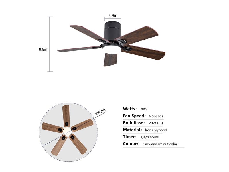  Ventilateur de plafond 42 pouces avec télécommande, led dimmable 3 températures, moteur dc silencieux réversible, noir  - Conforama E