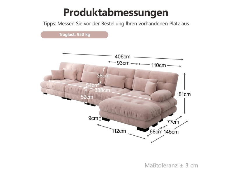  Canapé modulaire 4 places 406x145x81 cm, pouf mobile, diy, effet nuage, chenille, rose  - Conforama C