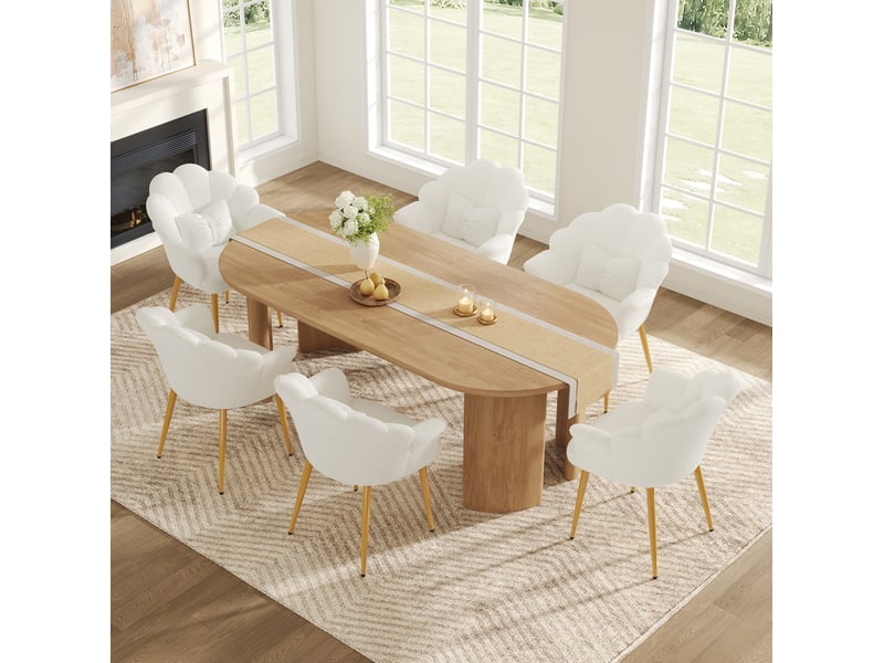  Lot de 6 fauteuils de salle à manger 64x65,5x85 cm, dossier pétale, accoudoirs, tissu bouclette, blanc  - Conforama B