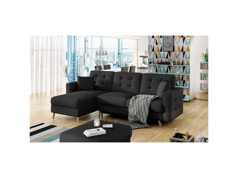 Canapé d'angle convertible hasgard 3 places noir 248x162 cm – coffre et pieds bois - Conforama B