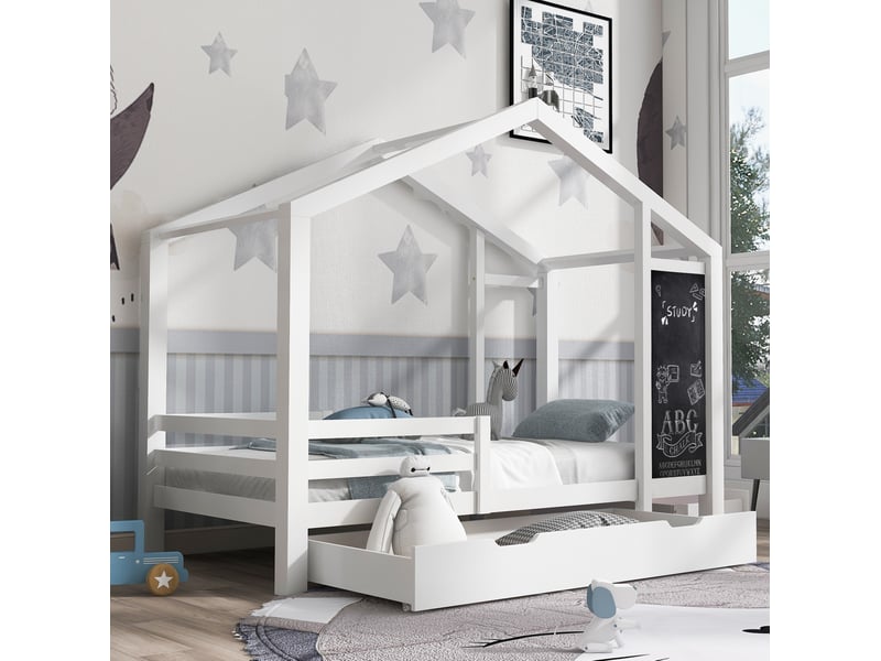 Lit enfant cabane 90x200 cm blanc avec tableau et 2 tiroirs - Conforama C