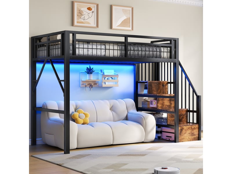  Lit surélevé 90 x 200 cm noir, led, marches avec rangement, espace ouvert, structure métallique, sans matelas  - Conforama C