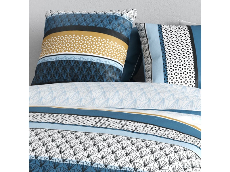  Parure housse de couette 260x240cm + 2 taies motif rétro bleu et jaune 100% coton - osyris OSYRIS - Conforama D