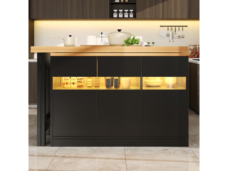 Ilot cuisine, buffet de cuisine avec rangements intégrés, plateau extensible, pivotant à 360°, dimensions 120 à 180 x 40 x 71,5 cm, mdf, noir - Conforama D