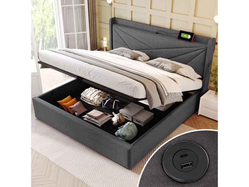  Lit capitonné double 140x200 cm en lin et coton gris, coffre intégré, usb type-c, tête de lit, matelas fourni  - Conforama E