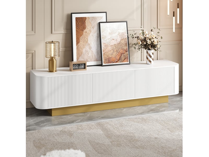  Meuble tv bas 170 x 40,5 x 47 cm, 3 portes, passe-câbles, blanc et doré  - Conforama B