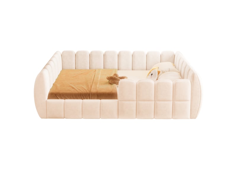  Lit enfant au sol 140 x 200 cm, lit rembourré avec cadre fermé, coins arrondis, chambre enfant, velours, beige CARDUME ESTIVAL - Conforama A