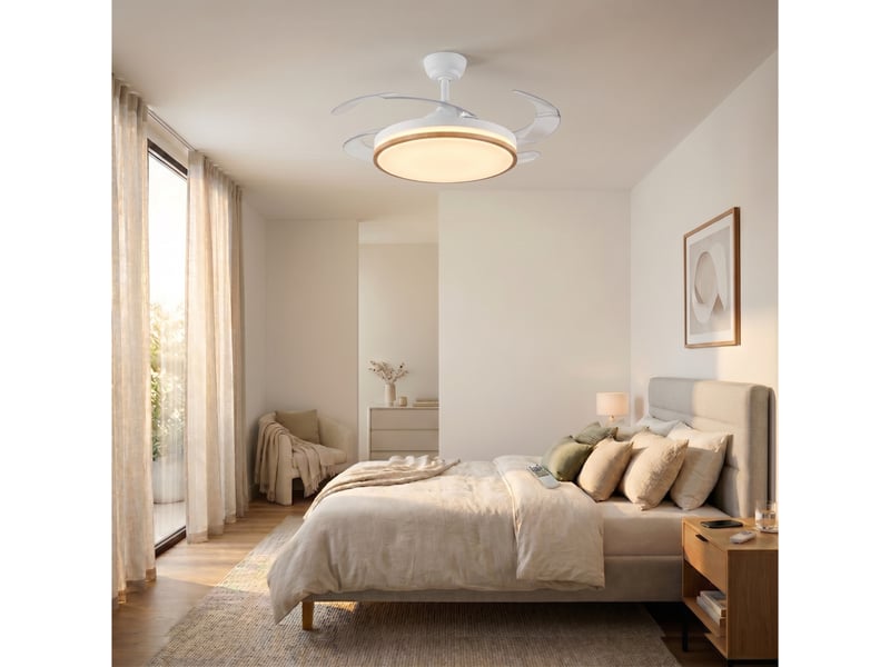  Ventilateur de plafond led rétractable yatek rubia blanc et hêtre, moteur dc 60 w, ø107 cm EL01006 - Conforama D