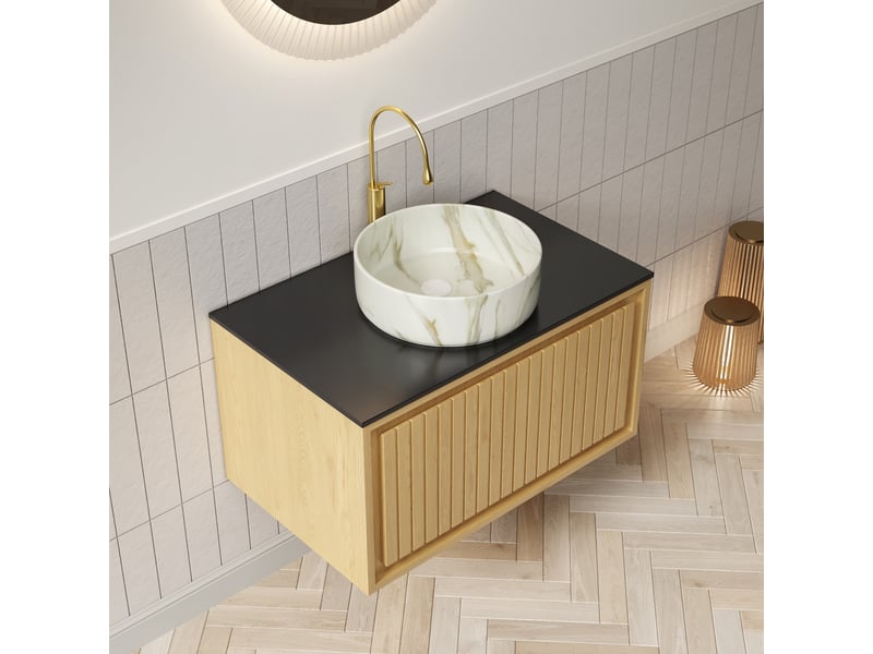 Meuble vasque suspendu avec grand tiroir à fermeture douce - lpospi - céramique, pierre frittée, chêne doré, noir, blanc pierre - Conforama C