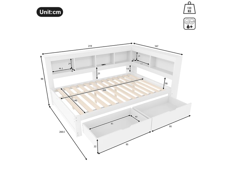  Lit avec rangement 140x200cm coloris blanc mdf lit enfant blanc - Conforama C