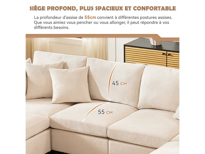  Canapé modulable 6 places en tissu chenille beige, configurable en u ou en l, 2 poufs, 6 coussins  - Conforama R