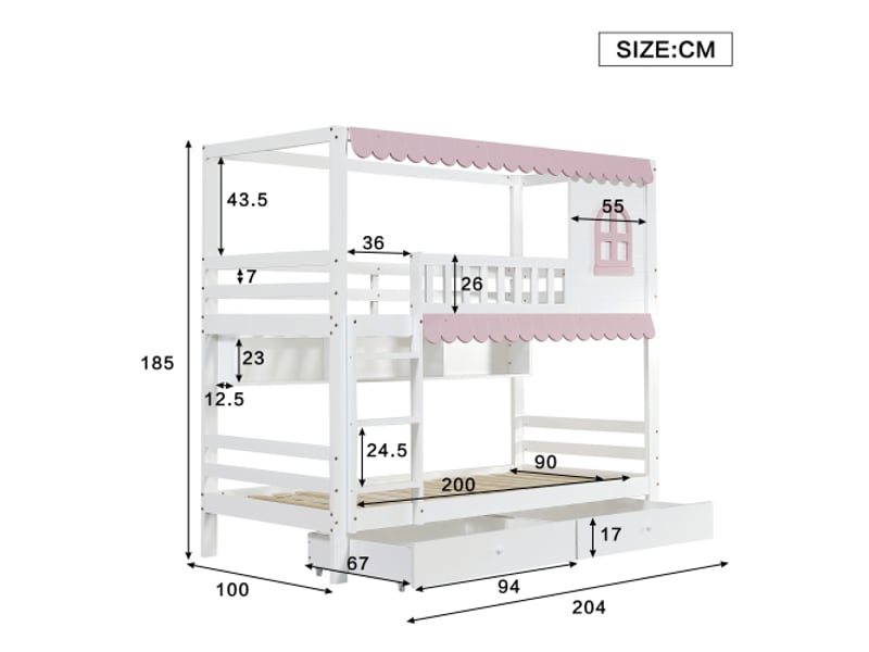  Lit superposé 90x200 cm, lit simple enfant, fenêtre, rideaux, étagères ouvertes, 2 tiroirs, blanc et rose, sans matelas  - Conforama C