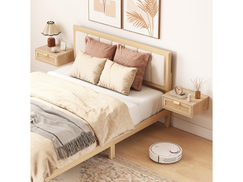  Ensemble de 2 tables de chevet suspendues avec tiroir en rotin, gain de place, design moderne, 40 x 30 x 15 cm, naturel  - Conforama C