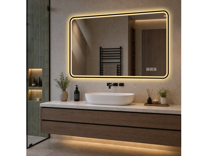  Miroir de salle de bain led 90x70 cm – noir – antibuée, dimmable, 3 couleurs, fonction mémoire, ip44  - Conforama E