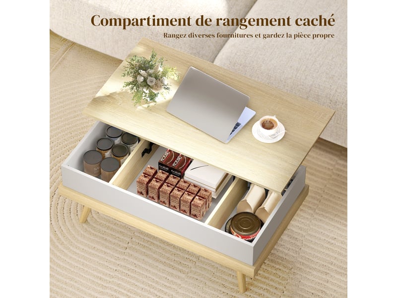  Table basse relevable 3 compartiments pieds en pin naturel et blanc 100x55x40,5 cm  - Conforama E