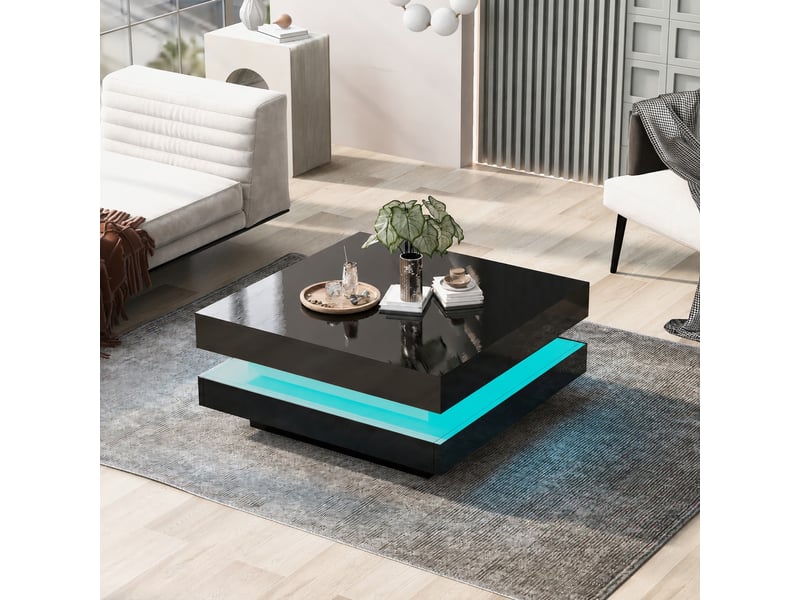  Table basse carrée noire avec led, commande bluetooth, 70 x 70 x 36 cm, noir  - Conforama E