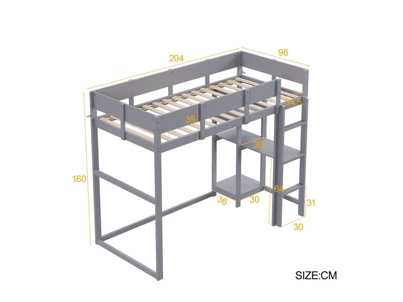  Lit mezzanine 90 × 200 cm 1 place avec étagère et barrières, pour enfant, sans matelas, en bois, gris  - Conforama D