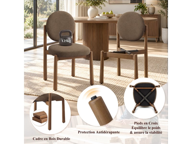  Lot de 2 chaises de salle à manger design moderne, dossier rond confortable, assise épaisse rembourrée, pieds en bois robustes, structure stable pour cuisine et salon, marron foncé  - Conforama D