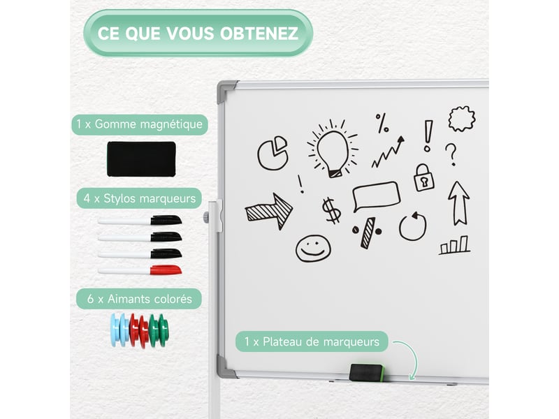  Tableau blanc magnétique double face effacable rotatif mobile avec support, aimants, gomme et roulettes, marqueurs  - Conforama W