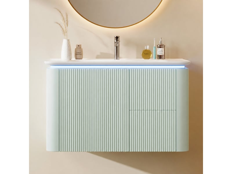  Meuble vasque suspendu vert 80 cm avec relief 3d, vasque en céramique et éclairage led  - Conforama B