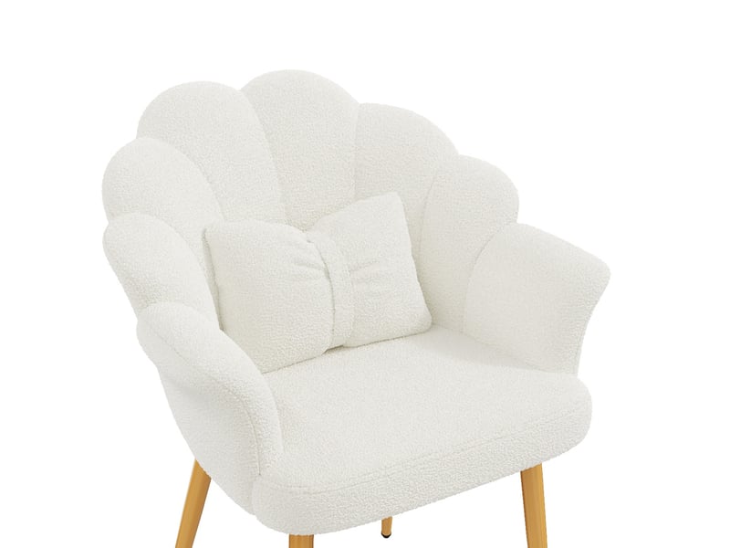 Fauteuil de salle à manger 64x65,5x85 cm, dossier pétale, coussin nœud, tissu teddy, pieds dorés, blanc  - Conforama D