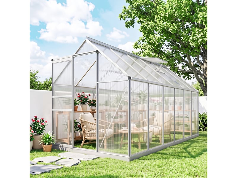  Serre de jardin 7,1 m² en aluminium polycarbonate avec fondation, 190 x 375 x 199 cm, serre avec fenêtre  - Conforama D