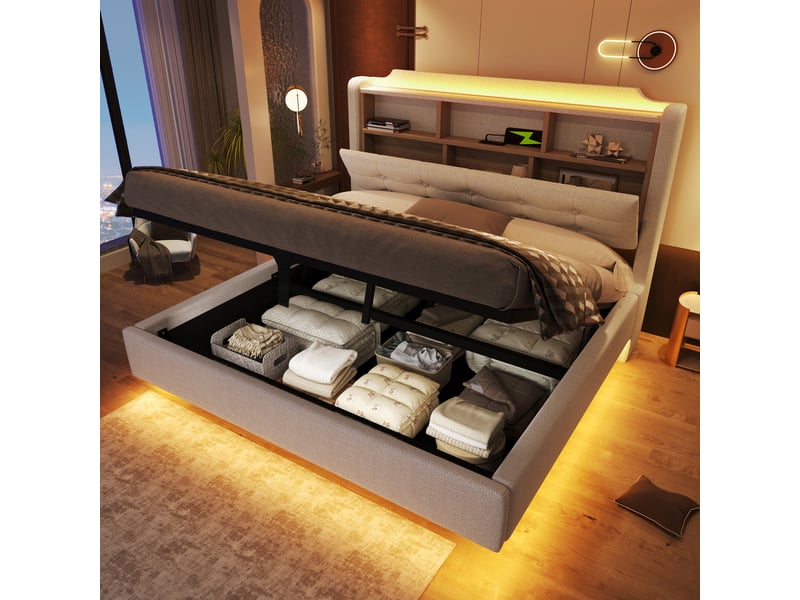  Lit capitonné, 140 × 200 cm, avec bande lumineuse led, rangement hydraulique, compartiments de rangement, design suspendu, matelas non inclus, ports usb et type-c, revêtement en lin, beige  - Conforama B