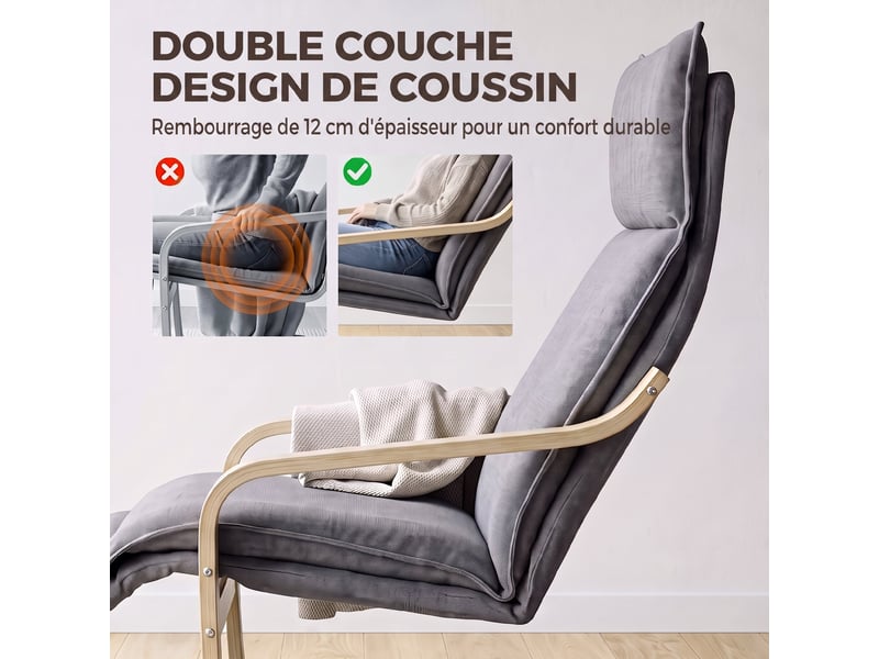  Fauteuil salon, fauteuil d'appoint rembourré en lin avec repose-pieds, assise large, bascule douce, dossier haut, gris  - Conforama E