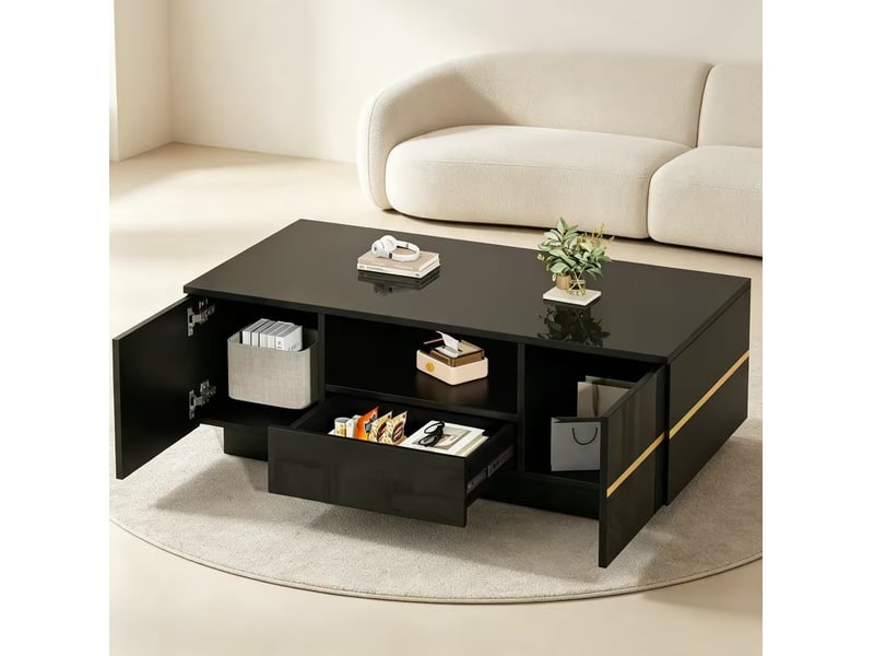 Table basse led avec rangement 100x50x35.5 cm en mdf noir et accents dorés - Conforama W